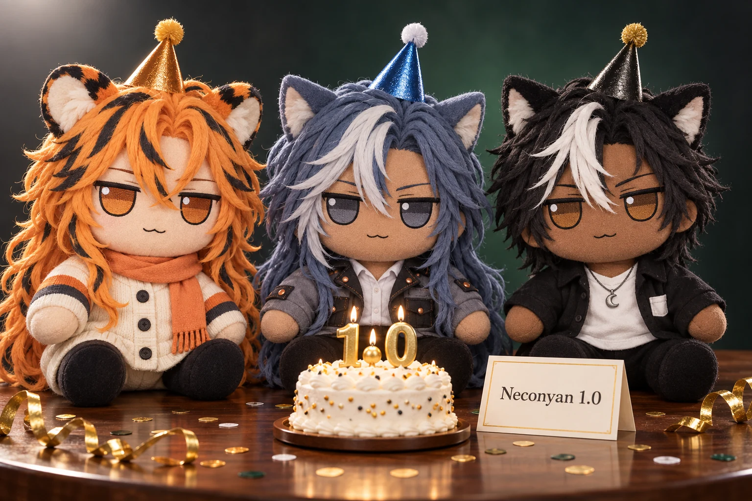 Neconyan 1.0 release art: fumo plushies of Miso, Taro and Nori in party hats behind a 1.0 cake, lit like a corporate headshot