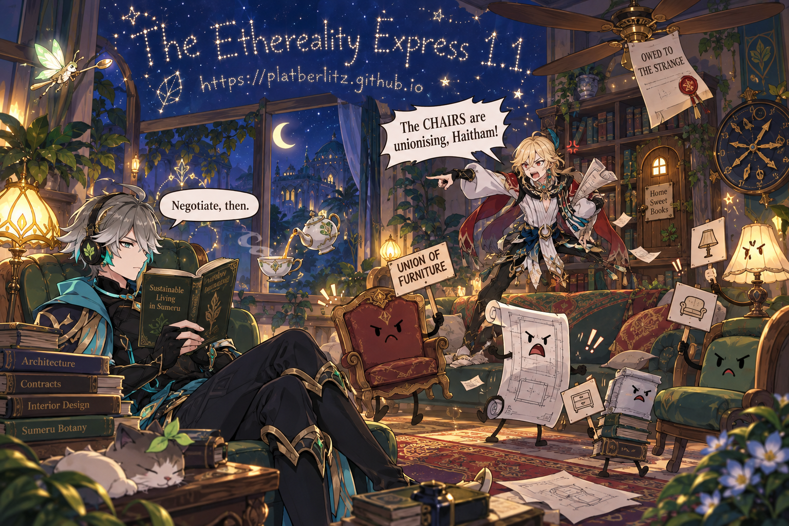The Ethereality Express 1.1 release art: Kaveh yelling at unionising furniture while Alhaitham reads